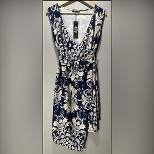 Lily by Firmiana Sleeveless V-Neck Blue & Ivory Faux Wrap Midi Dress Size S